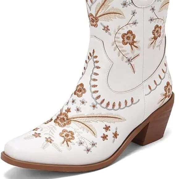 Floral low chunky heel western boots