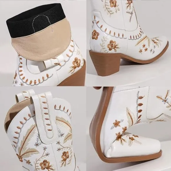 Floral low chunky heel western boots