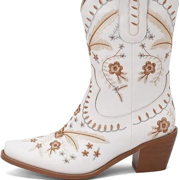Floral low chunky heel western boots