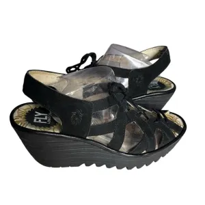 FLY LONDON Black Sandals Wedge Heel Strappy Yapi Lace Up Leather Size 38