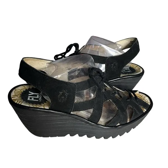 FLY LONDON Black Sandals Wedge Heel Strappy Yapi Lace Up Leather Size 38