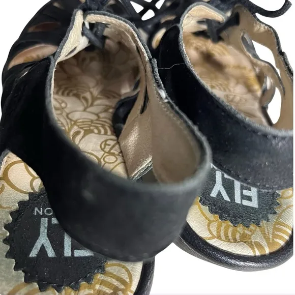 FLY LONDON Black Sandals Wedge Heel Strappy Yapi Lace Up Leather Size 38