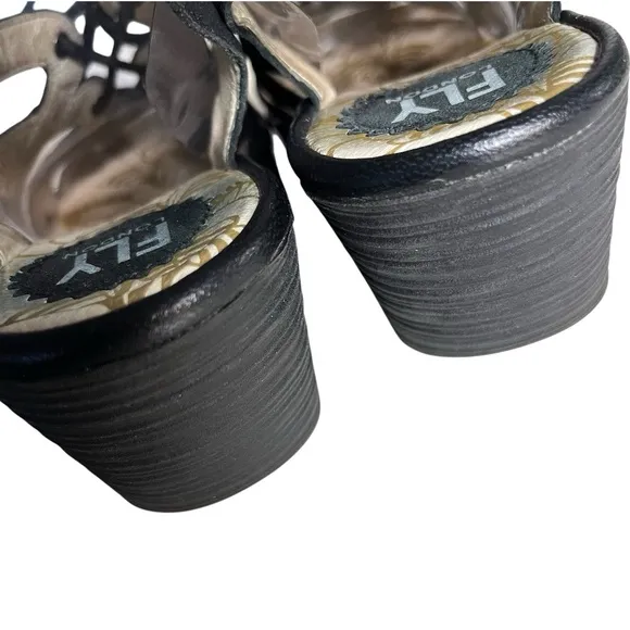 FLY LONDON Black Sandals Wedge Heel Strappy Yapi Lace Up Leather Size 38