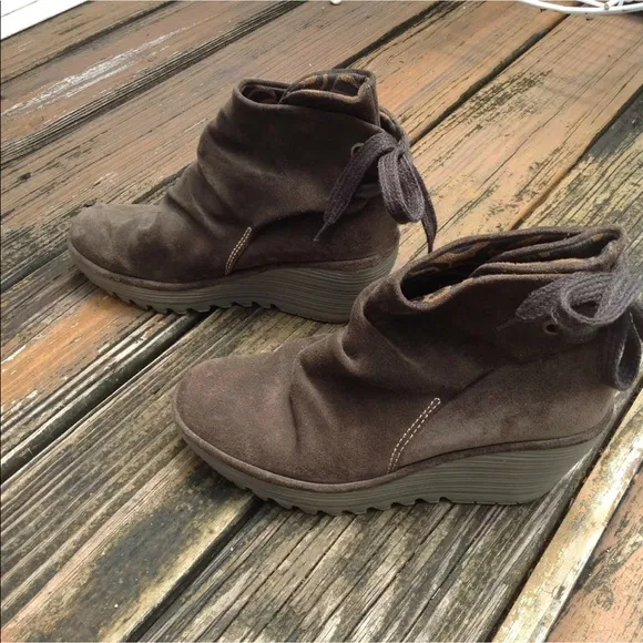Fly London Green Brown Suede Ankle Lace Boots Booties 7.5 8 EUR 38 Shoes