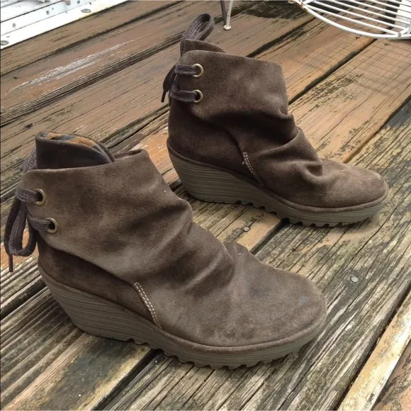 Fly London Green Brown Suede Ankle Lace Boots Booties 7.5 8 EUR 38 Shoes