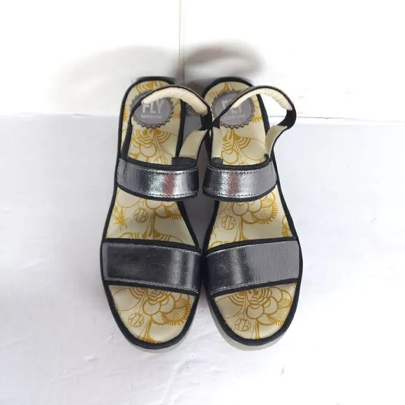 FLY LONDON Women’s Yaco US8,5 EU39 Graphite Idra Leather Platform Wedge Sandals