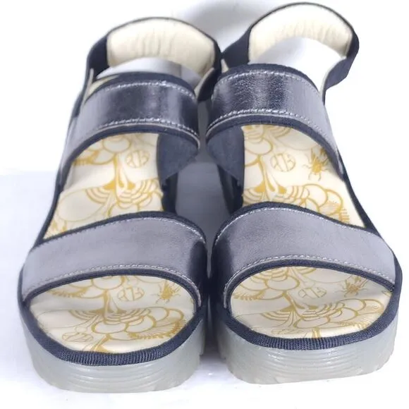 FLY LONDON Women’s Yaco US8,5 EU39 Graphite Idra Leather Platform Wedge Sandals