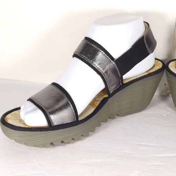 FLY LONDON Women’s Yaco US8,5 EU39 Graphite Idra Leather Platform Wedge Sandals