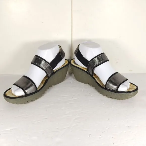 FLY LONDON Women’s Yaco US8,5 EU39 Graphite Idra Leather Platform Wedge Sandals