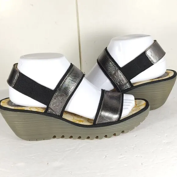 FLY LONDON Women’s Yaco US8,5 EU39 Graphite Idra Leather Platform Wedge Sandals