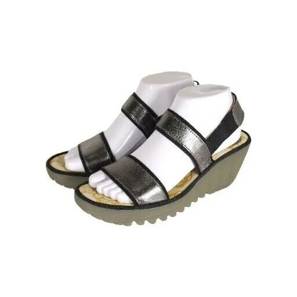 FLY LONDON Women’s Yaco US8,5 EU39 Graphite Idra Leather Platform Wedge Sandals