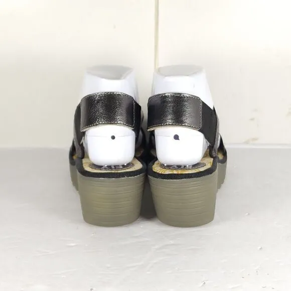 FLY LONDON Women’s Yaco US8,5 EU39 Graphite Idra Leather Platform Wedge Sandals