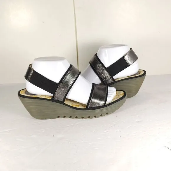 FLY LONDON Women’s Yaco US8,5 EU39 Graphite Idra Leather Platform Wedge Sandals
