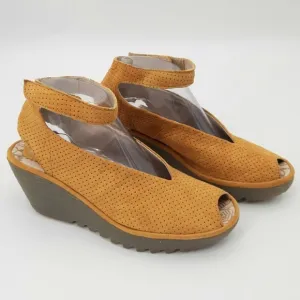 FLY LONDON YANI Fabulous Peep Toe Wedge Shoes Mustard Leather Size 39