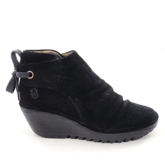 FLY LONDON Yebi Boots Ankle Bootie Suede Platform Wedge Heel