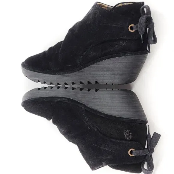 FLY LONDON Yebi Boots Ankle Bootie Suede Platform Wedge Heel