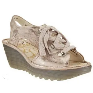 Fly London Ylfa Lace Up Wedge Heel Platform Sandals Metallic Gold 39 EUR 8-8.5