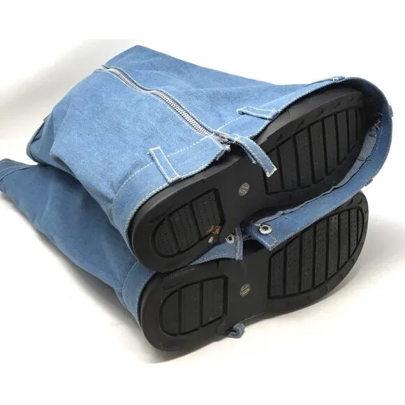 Fold Over Women's Size 10 Blue Denim Knee High Platform Padlock Blue Jean Boots