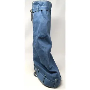 Fold Over Women's Size 10 Blue Denim Knee High Platform Padlock Blue Jean Boots