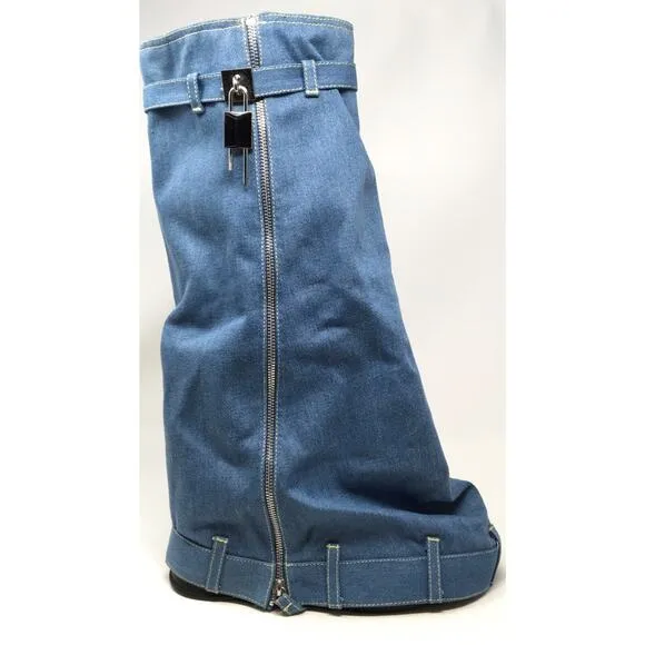 Fold Over Women's Size 10 Blue Denim Knee High Platform Padlock Blue Jean Boots