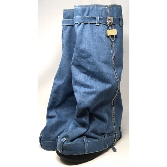 Fold Over Women's Size 10 Blue Denim Knee High Platform Padlock Blue Jean Boots