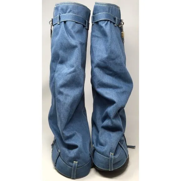 Fold Over Women's Size 10 Blue Denim Knee High Platform Padlock Blue Jean Boots