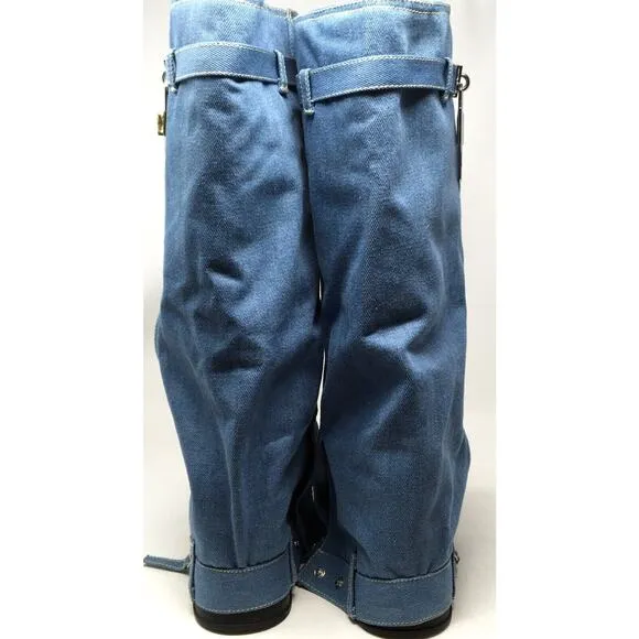 Fold Over Women's Size 10 Blue Denim Knee High Platform Padlock Blue Jean Boots