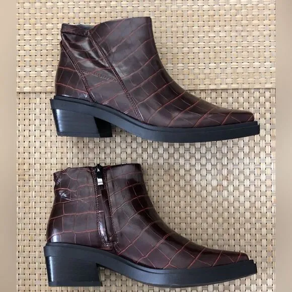 Franco Sarto Fina Croc Embossed Western Ankle Boots Mahogany Size 5