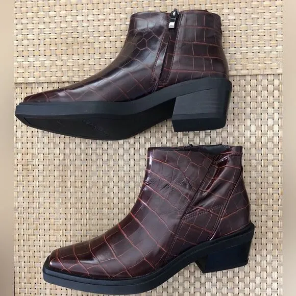 Franco Sarto Fina Croc Embossed Western Ankle Boots Mahogany Size 5