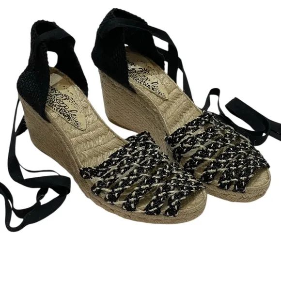 FREE PEOPLE AMALIF COAST WEDGE ESPADRILLE BLACK SANDALS  SZ 9.5 EU 40