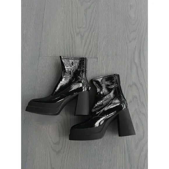 Free People Double Stack Black Patent Vegan Leather Platform Boots Sz‎ 37 6.5/ 7