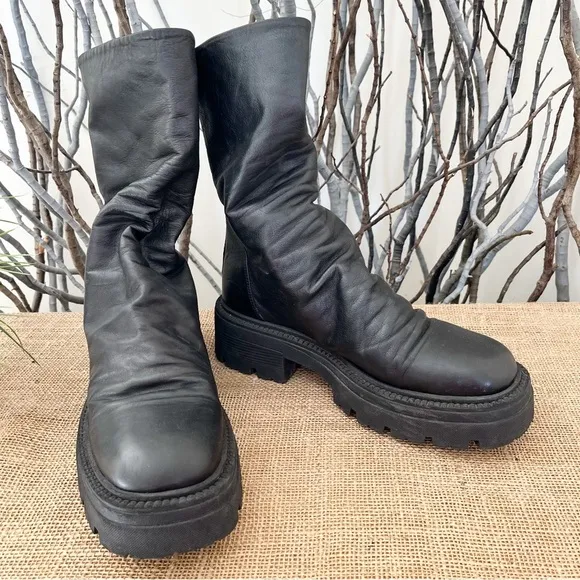 Free People Emma Ruche Black Leather Combat Boots Size 10