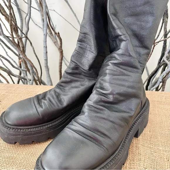 Free People Emma Ruche Black Leather Combat Boots Size 10