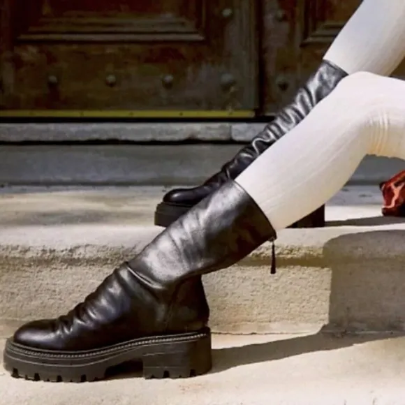 Free People Emma Ruche Black Leather Combat Boots Size 10