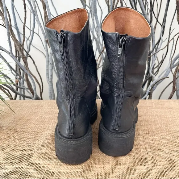 Free People Emma Ruche Black Leather Combat Boots Size 10
