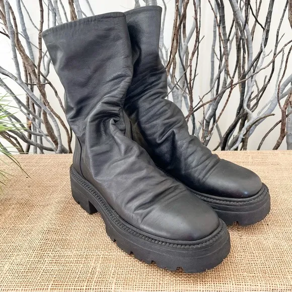 Free People Emma Ruche Black Leather Combat Boots Size 10