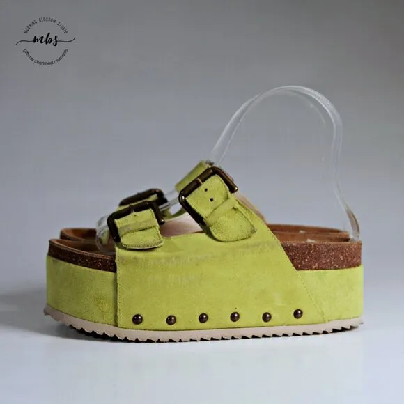 Free People Intentionally Blank Rule Breaker Flatform Sandals Green Women US 6.5