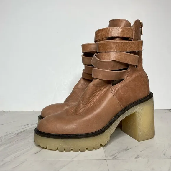 Free People Jesse Light Brown Leather Strappy Heeled Boot 39
