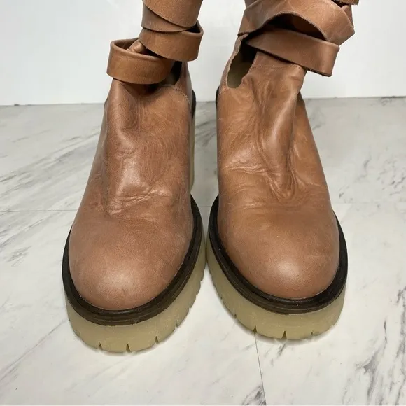 Free People Jesse Light Brown Leather Strappy Heeled Boot 39