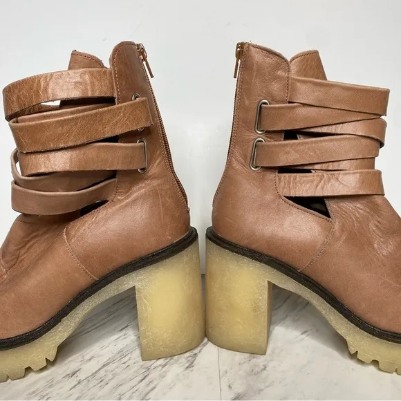 Free People Jesse Light Brown Leather Strappy Heeled Boot 39