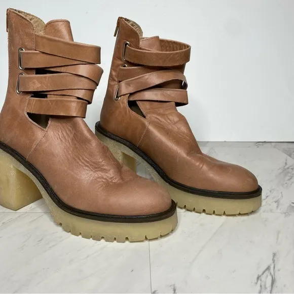 Free People Jesse Light Brown Leather Strappy Heeled Boot 39