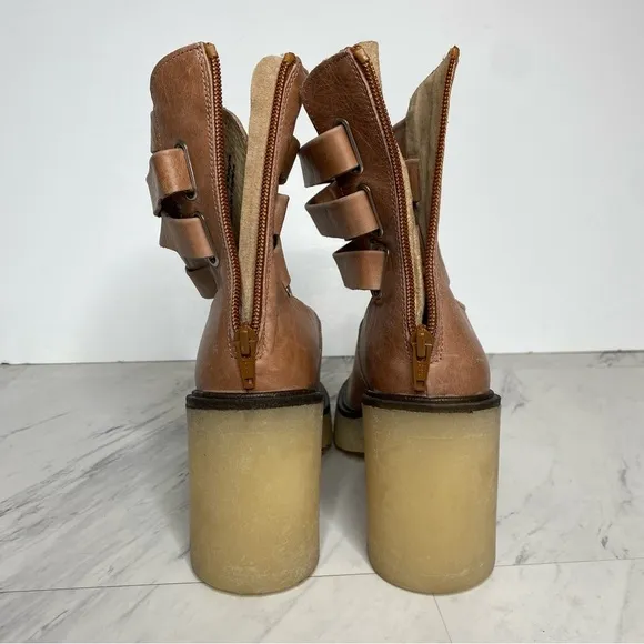 Free People Jesse Light Brown Leather Strappy Heeled Boot 39