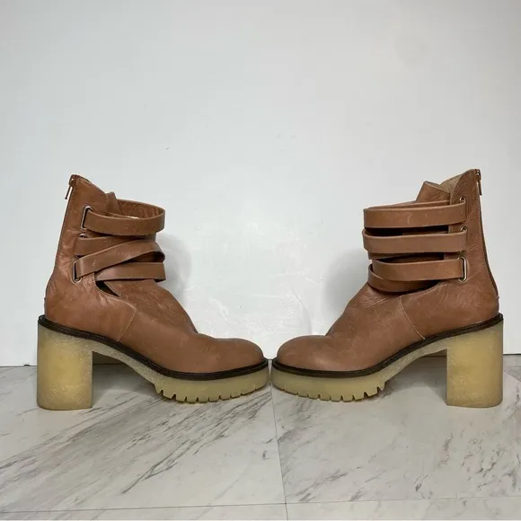 Free People Jesse Light Brown Leather Strappy Heeled Boot 39