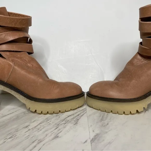 Free People Jesse Light Brown Leather Strappy Heeled Boot 39