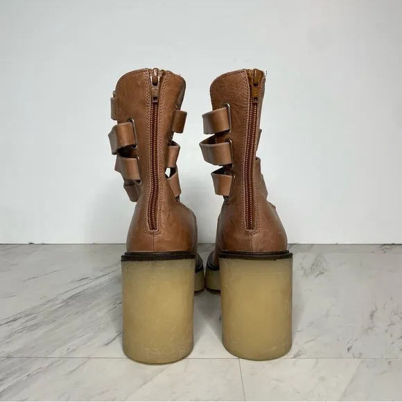 Free People Jesse Light Brown Leather Strappy Heeled Boot 39