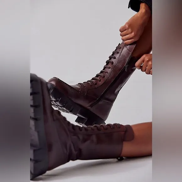 Free People Jones Lug Sole Lace Up Boots Black Cherry Size 8 NEW