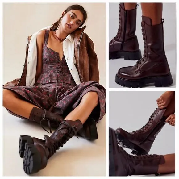FREE PEOPLE Jones Lug Sole Lace Up Platform Leather Boots Hot Fudge Size 7.5 NEW