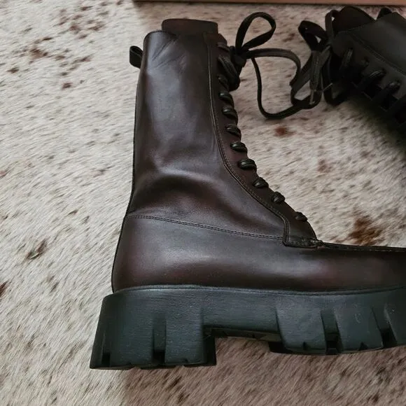FREE PEOPLE Jones Lug Sole Lace Up Platform Leather Boots Hot Fudge Size 7.5 NEW