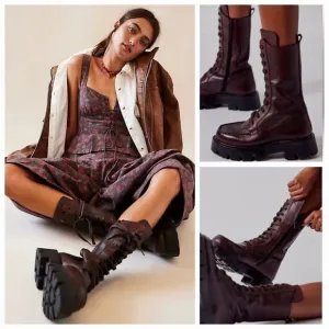 FREE PEOPLE Jones Lug Sole Lace Up Platform Leather Boots Hot Fudge Size 7.5 NEW