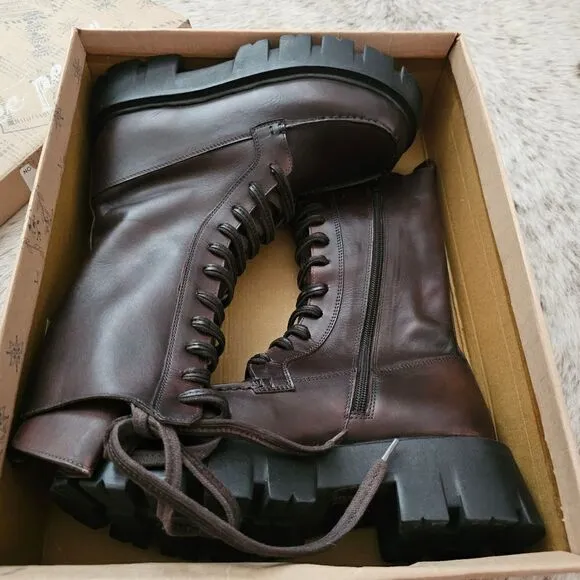 FREE PEOPLE Jones Lug Sole Lace Up Platform Leather Boots Hot Fudge Size 7.5 NEW